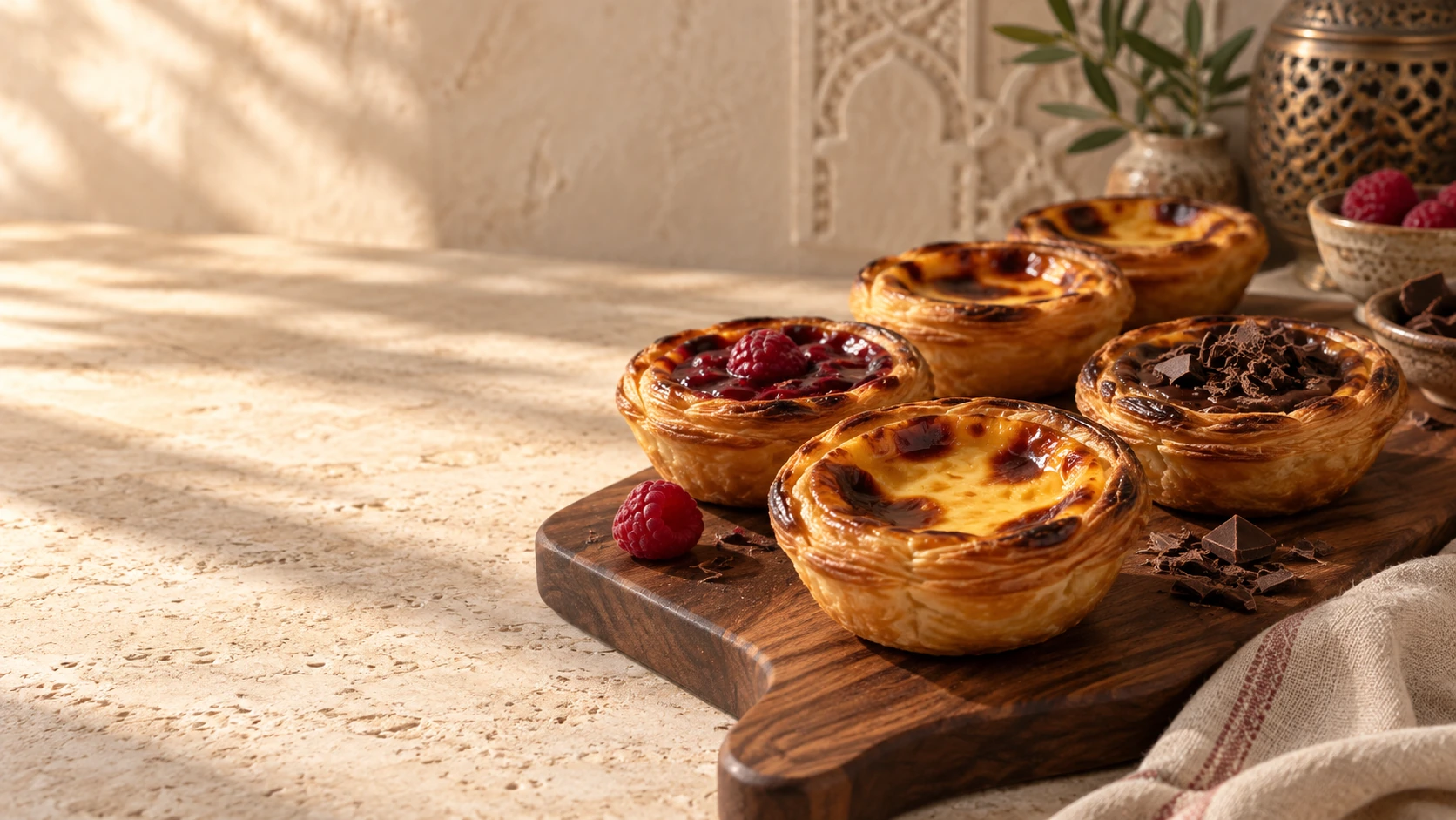Pastéis dorés classiques, à la framboise et au chocolat sur un plateau